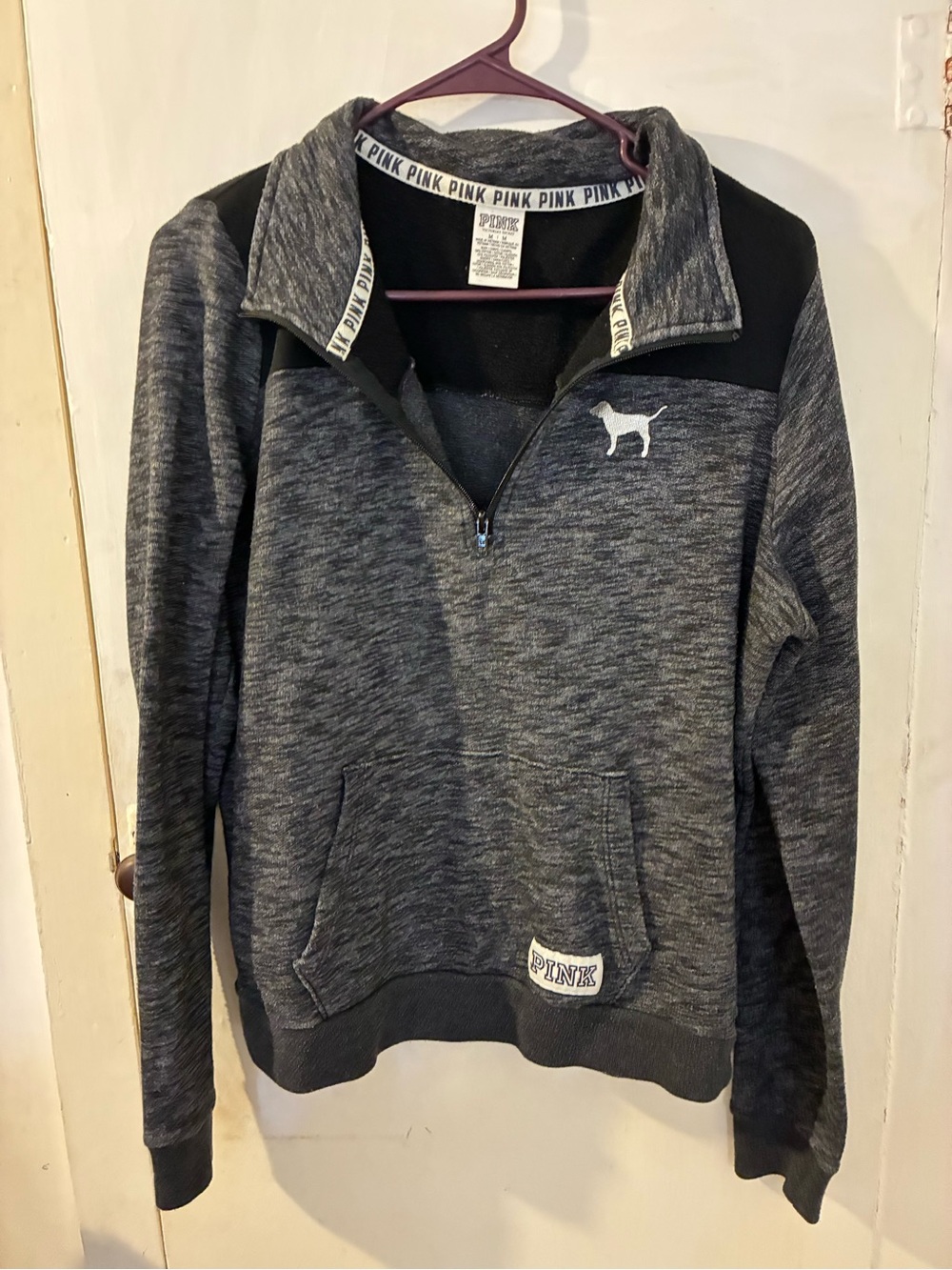 Victoria's Secret PINK 1/4 Zip Women’s Mock Neck Dog Logo Pullover Gray Sz mediu